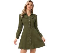 Allegra K Femmes Robe Chemise Denim Col Boutonné Manches Rétroussées Vert armée S