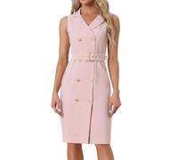Allegra K Femmes sans Manches Revers cranté Double Boutonnage ceinturé Travail Bureau Robe Blazer Robes Rose XS