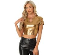 Allegra K Femmes T-Shirt Courts Métalliques Holographic Top à Paillettes Hauts Manche Courte Découpé Devant pour Fête Club Or Brun M