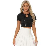 Allegra K Femmes T-Shirt Courts Métalliques Holographic Top à Paillettes Hauts Manche Courte Découpé Devant pour Fête Club Noir XL