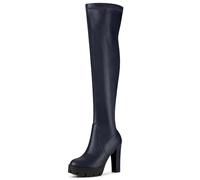 Allegra K Femmes Talons Plateforme Talon Chunky sur Bottes Hauteur Genou Bleu Marin 39
