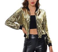 Allegra K Femmes Veste Ajustée à Manches Longues à Glissière et Paillettes de Noël Or L