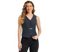 Allegra K Gilet à fermeture boutonnée sur le devant pour femmes, col en V, poches ceinturées Bleu Foncé XL