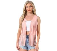 Allegra K Gilet à Franges Femme Devant Ouvert Veste Vintage sans Manches Style Cowboy des Années 70 Cardigan en Faux Suède à Pompons Rose S