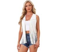 Allegra K Gilet à Franges Femme Devant Ouvert Veste Vintage sans Manches Style Cowboy des Années 70 Cardigan en Faux Suède à Pompons Blanc S