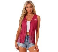 Allegra K Gilet à Franges Femme Devant Ouvert Veste Vintage sans Manches Style Cowboy des Années 70 Cardigan en Faux Suède à Pompons Rouge L