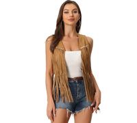 Allegra K Gilet à Franges Femme Devant Ouvert Veste Vintage sans Manches Style Cowboy des Années 70 Cardigan en Faux Suède à Pompons Jaune L