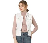 Allegra K Gilet en Denim Délavé Boutonné Femme Veste en Jean sans Manches avec Poches à Rabat Blanc L