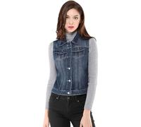 Allegra K Gilet en Denim Délavé Boutonné Femme Veste en Jean sans Manches avec Poches à Rabat Bleu L