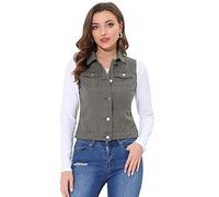 Allegra K Gilet en Denim Délavé Boutonné Femme Veste en Jean sans Manches avec Poches à Rabat Gris S