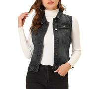Allegra K Gilet en Denim Délavé Boutonné Femme Veste en Jean sans Manches avec Poches à Rabat Noir XL