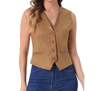 Allegra K Gilet en Faux Daim pour Femme Veste Sans Manches Cowboy à Col en V Manteaux Boutonné Vintage Veste Décontractée Brun clair S