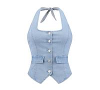 Allegra K Gilet En Jean Femme Dos Nu Boutonnage Débardeur en Denim à Col Licou à Nouer Soi-Même Veste Courte Sans Manches Bleu Clair L