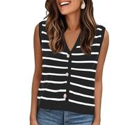 Allegra K Gilet Rayé Femme sans Manches Cardigan en Tricot Pull Boutonné à Col en V à Rayures Noir L
