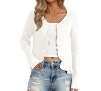 Allegra K Gilet Tricoté Femme à Volants élastique Cardigan Court Boutonnage à Manches Longues Boléro Devant Ouvert Col en V Blanc M