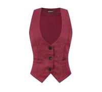 Allegra K Gilet Vintage Femme Boutonné Steampunk Jacquard Sans Manches Costume Gilet Costume femme Bourgogne 3XL