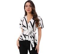 Allegra K Haut à Basque Imprimé Femme Haut Péplum Ceinturé à Rayures Chemisier Élégant à Volants T-Shirts Élastique Col en V Cache-Cœur Blanc XL