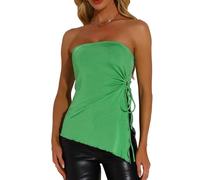 Allegra K Haut Bandeau Femme sans Bretelles Débardeur Tricoté Froncé avec Cordon de Serrage Top Asymétrique Sexy Ourlet à Volants Vert S