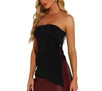 Allegra K Haut Bandeau Femme sans Bretelles Débardeur Tricoté Froncé avec Cordon de Serrage Top Asymétrique Sexy Ourlet à Volants Noir M