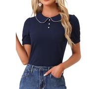 Allegra K Haut Chemisier à Manches Courtes Bouffantes à col Claudine pour Femmes Bleu Marine S