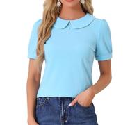 Allegra K Haut Chemisier à Manches Courtes Bouffantes à col Claudine pour Femmes Bleu S