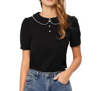 Allegra K Haut Chemisier à Manches Courtes Bouffantes à col Claudine pour Femmes Noir S