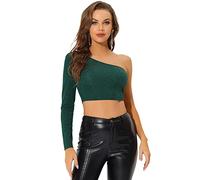 Allegra K Haut Court À Manches Longues À Paillettes Métallisées pour Femmes Vert foncé XL