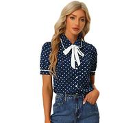 Allegra K Haut de Chemise à Manches Courtes et col Claudine à Pois pour Femme Bleu Foncé S