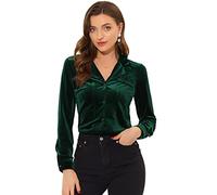 Allegra K Haut de Chemise boutonné à Manches Longues en Velours rétro pour Femmes Vert foncé L