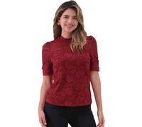 Allegra K Haut en Dentelle Florale Femmes Col Montant Manches Courtes Bouffantes Demi-Transparentes Chemisier Élégant T-Shirt Rouge foncé S