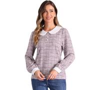Allegra K Haut en Tweed Femme à Col Claudine Chemisier Vintage avec Boutons Décoratifs Manches Longues Bouffantes Blouse à Carreaux Rose XL