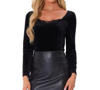Allegra K Haut en Velours pour Femmes Chemisier à Manches Longues Tops Élégants Col en V en Dentelle Blouse Vintage Basique Noir L
