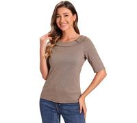 Allegra K Haut Pied-De-Poule Femme Chemisiers Col Bateau Pull à Manches Mi-Longues Blouse en Tricot Marron L