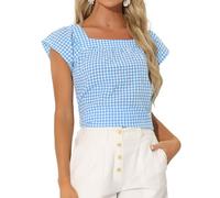 Allegra K Hauts à Carreaux Femme T-Shirts à Col Carré d'Été Chemisiers Manches Courts Décontractés Bleu L