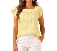 Allegra K Hauts à Carreaux Femme T-Shirts à Col Carré d'Été Chemisiers Manches Courts Décontractés Jaune S