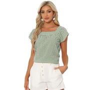 Allegra K Hauts à Carreaux Femme T-Shirts à Col Carré d'Été Chemisiers Manches Courts Décontractés Vert Blanc XS