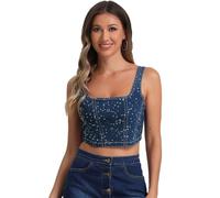 Allegra K Hauts Corset en Jean pour Femmes sans Manches Tank Tops Débardeur Court en Denim Bleu Moyen XL