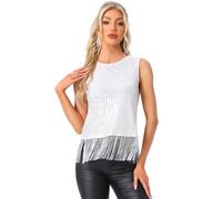 Allegra K Hauts Courts à Saquin de Femme Débardeur à Paillettes avec Bordures à Franges T-Shirts sans Manches À Col Rond de Fête Blanc M