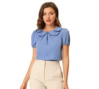 Allegra K Hauts de Chemisier d'été à col Claudine à Manches Bouffantes pour Femmes Bleu S