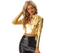 Allegra K Hauts de soirée pour Femme Crop Top métallisé zippé à Manches Longues Or XL