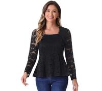 Allegra K Hauts en Dentelle Floral Femme Col Carré Manches Longues Demi-Transparentes Chemisier Élégant Blouse à Volant Noir XS