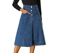Allegra K Jean Extensible Taille Haute avec Boutons sur Le Devant pour Femme - Jupe midi Fluide en Denim avec Poche, Bleu, 48 XL