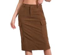 Allegra K Jupe Cargo Femme Midi en Velours Côtelé à Taille Haute avec Poches Jupe Moulante Élastique avec Fente à l'Arrière Marron XS