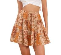 Allegra K Jupe Courte Bohème Fleurie pour Femme Coupe Fluide Taille Haute et Cordon de Serrage Idéale pour L'Été Orange Foncé S