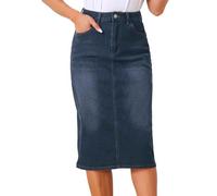 Allegra K Jupe en Jean décontractée pour Femmes, Taille Haute, Extensible, mi-Longue Noir Bleu XXL