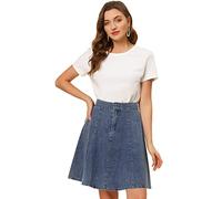Allegra K Jupe en Jean Femmes Mi-Longue Décontractée Jupe Plissée Évasée Taille Haute Bleu Clair M
