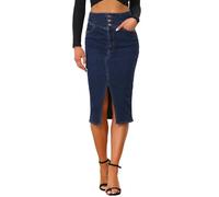 Allegra K Jupe en Jean Stretch Femme Vintage Taille Haute Ourlet Fendu Jupe Midi Denim Crayon Bleu Foncé L
