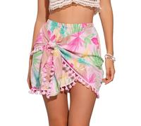 Allegra K Jupe Fleurie Tropicale Femme Mini-Jupe Hawaïenne Fendue avec Nœud Latéral Et Pompon Jupe Courte de Plage Rose M