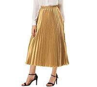 Allegra K Jupe mi-Longue plissée pour Femme, Brillante et métallisée, avec Taille élastique, idéale pour Les soirées, doré, Taille XS
