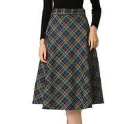 Allegra K Jupe midi trapèze Vintage à Carreaux Taille Haute avec Ceinture pour Femme Bleu Vert XXL